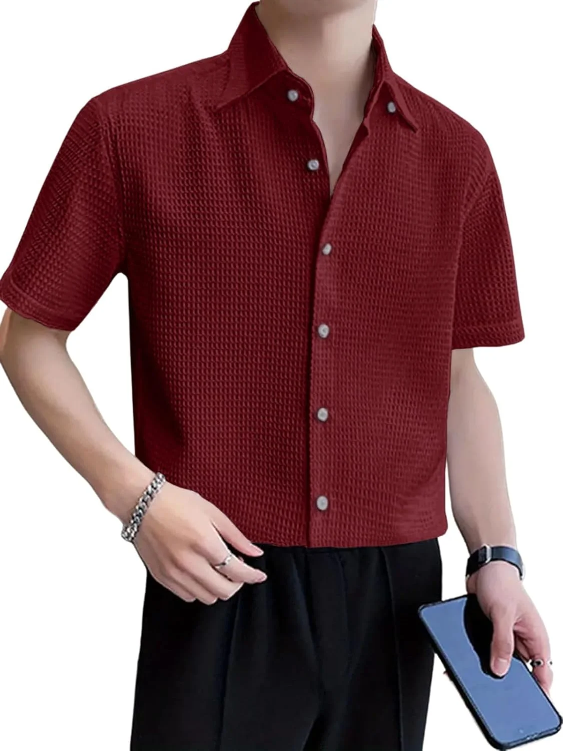 پیراهن آستین کوتاه مردانه GRECIILOOKS طرح وافل، مناسب استایل کژوال و رسمی (GL-MS-6237_Maroon (GL-MS-6237_MAROON_M)