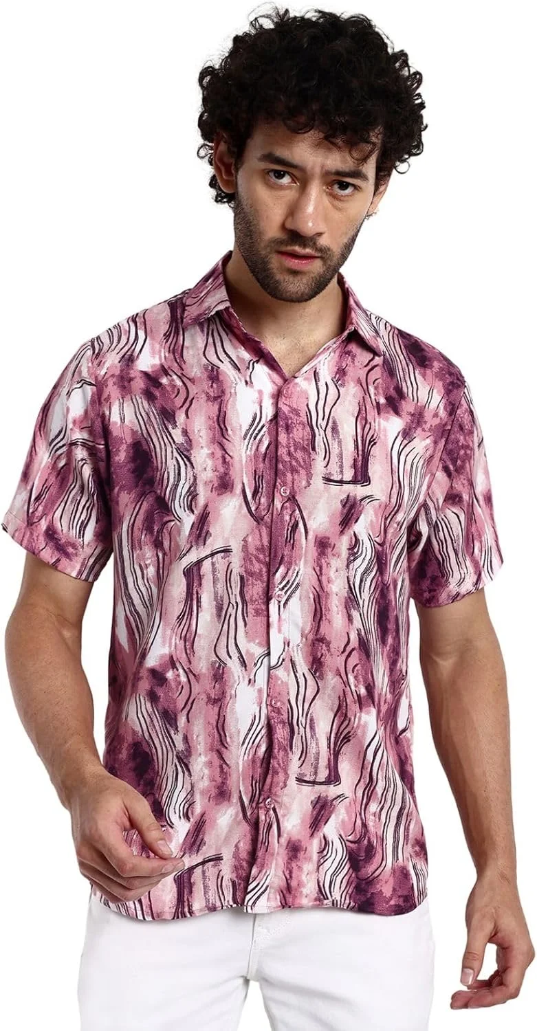 GRECIILOOKS طرح هندسی مناسب استفاده روزمره و شیک، آستین کوتاه، پیراهن رسمی مردانه (GL-MS-6059_Pink)
