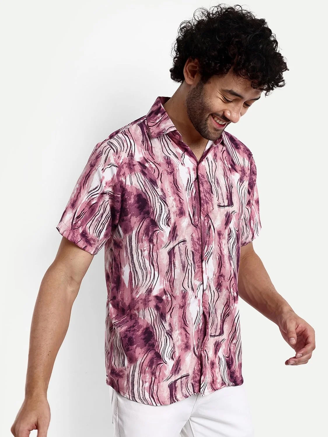 GRECIILOOKS طرح هندسی مناسب استفاده روزمره و شیک، آستین کوتاه، پیراهن رسمی مردانه (GL-MS-6059_Pink)