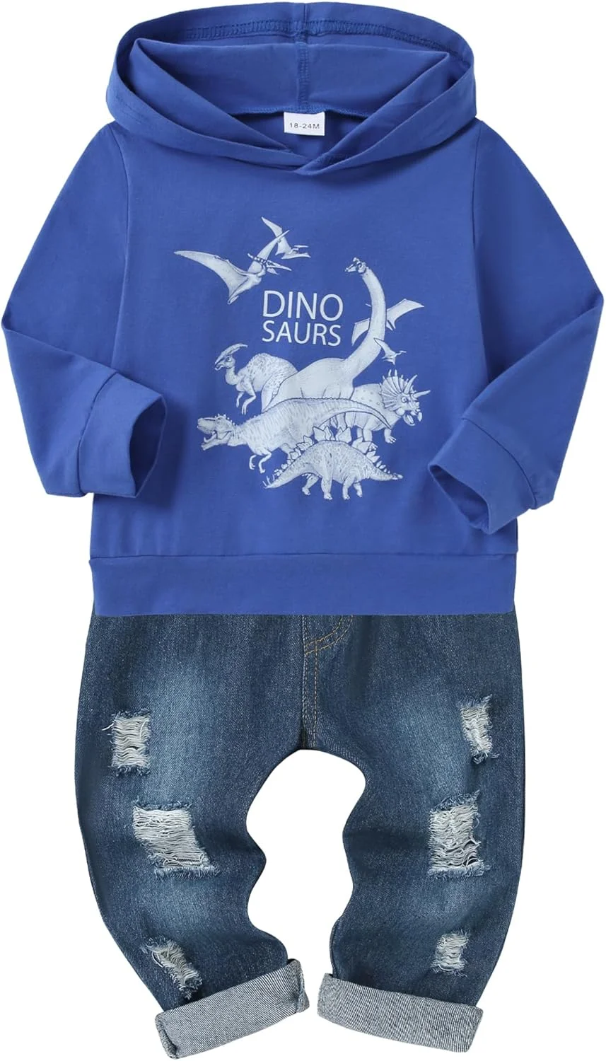 YUEMION لباس پسرانه بچه گانه هودی آستین بلند طرح دار + شلوار جین ست 2 تکه لباس پاییزی و زمستانی پسرانه 1-6 ساله