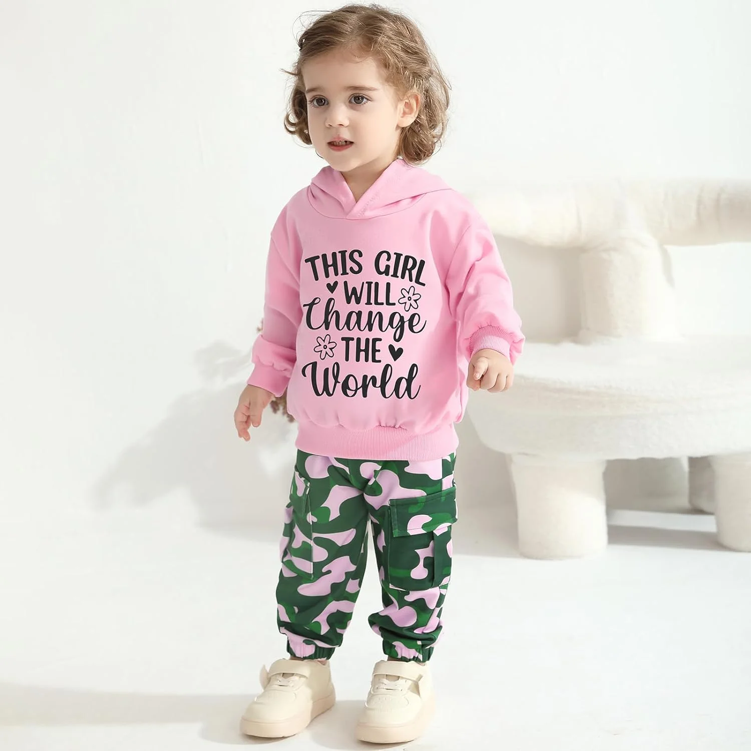 Weixinbuy ست لباس ورزشی استتاری پسرانه و دخترانه، هودی آستین بلند با چاپ حروف و شلوار استتاری