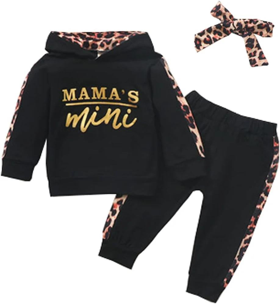 Verve Jelly Toddler Baby Boys Girls Hoodie Outfits Letter Print Sweatshirt Tops Leopard Jogger Panst With Headwear 3 Pcs Fall Winter Clothes Set