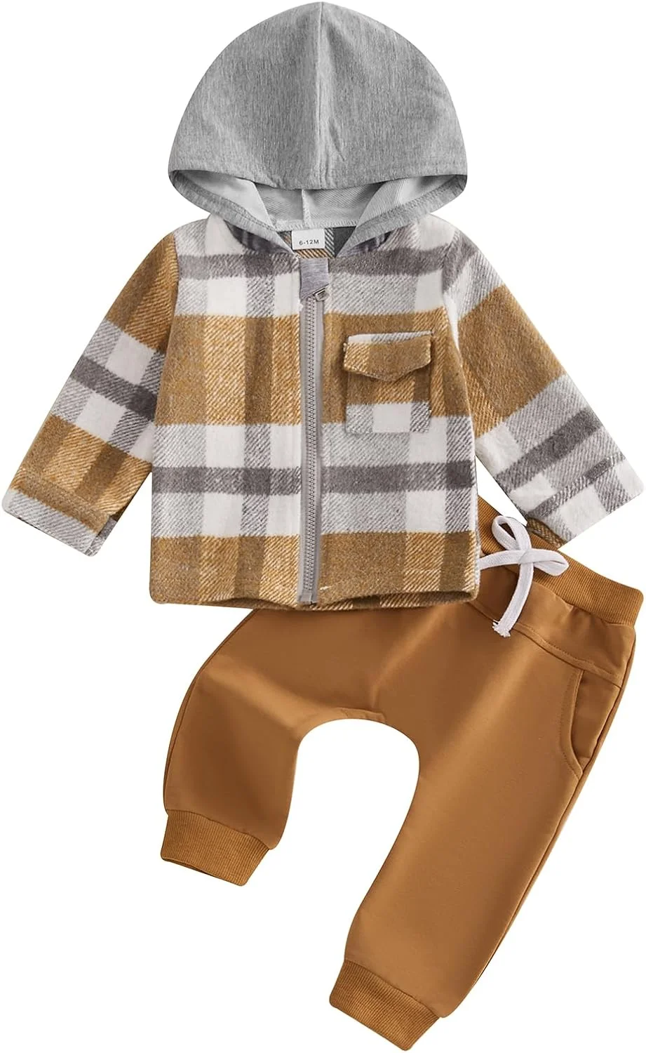 ست لباس پسرانه بچه گانه پاییز و زمستان شامل هودی زیپ دار آستین بلند با طرح چهارخانه و شلوار جاگر بند دار دو تکه