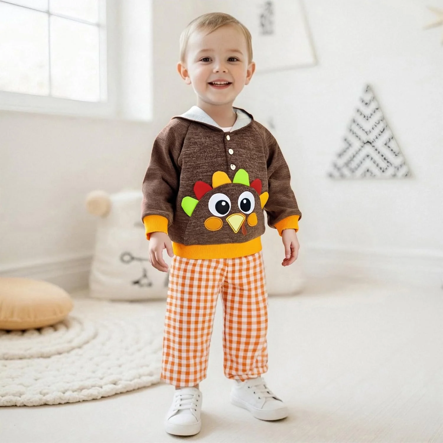 لباس نوزاد پسرانه برای شکرگزاری، بلوز آستین بلند بوقلمون، اولین لباس شکرگزاری پسرانه، هودی پاییزی