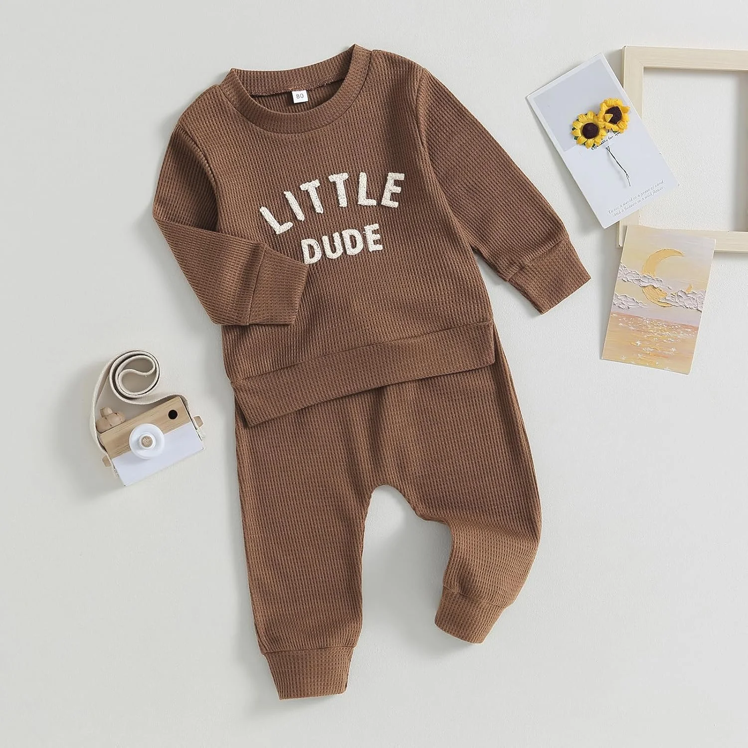 ست لباس پسرانه بچه گانه شامل بلوز آستین بلند وافل طرح Little Dude و شلوار راحتی، مناسب فصل پاییز و زمستان (2 تکه)