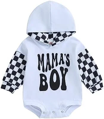 لباس پاییزی پسرانه Socutebabe، هودی آستین بلند طرح شطرنجی، سرهمی، لباس پسر مامان، جامپسوت بافتنی