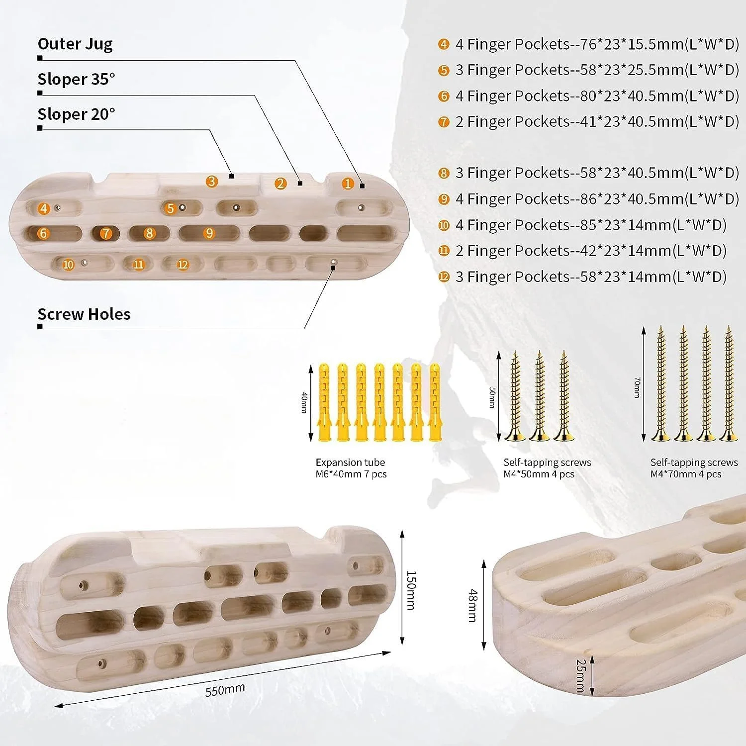 تخته تمرین صخره نوردی THE WHITE SHOP، تخته انگشتی صخره نوردی با دستگیره های بزرگ، شیب دار و لبه دار، حفره هایی به عنوان ایستگاه تمرین نصب شده روی در، میله بارفیکس صخره نوردی