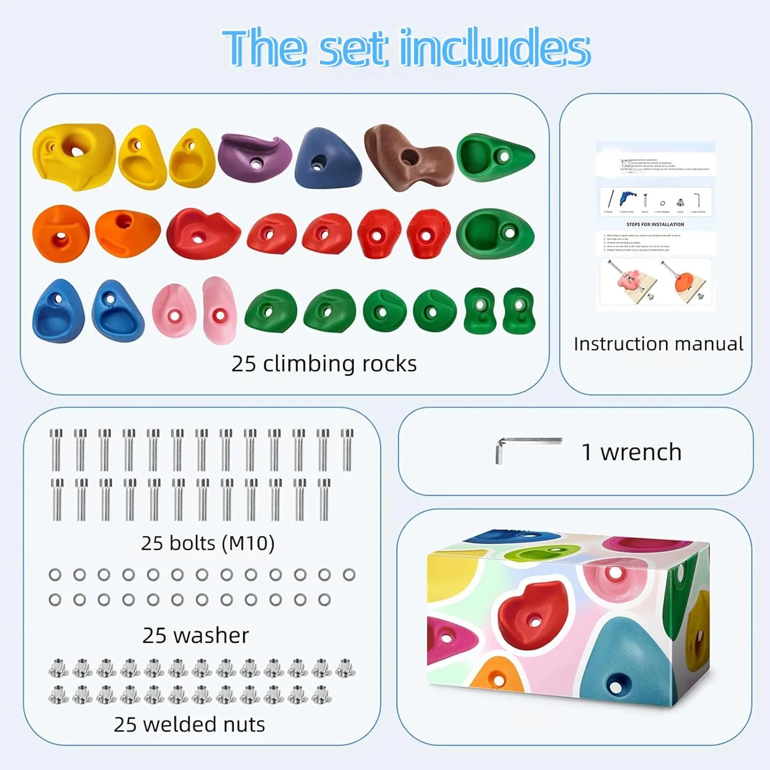 گیره های سنگ نوردی جافیست برای کودکان و بزرگسالان، گیره های دیواره سنگ نوردی، چند اندازه و رنگ، برای مجموعه بازی زمین بازی داخلی و خارجی، با 32 مجموعه سخت افزار نصب و 1 عدد آچار شش گوش