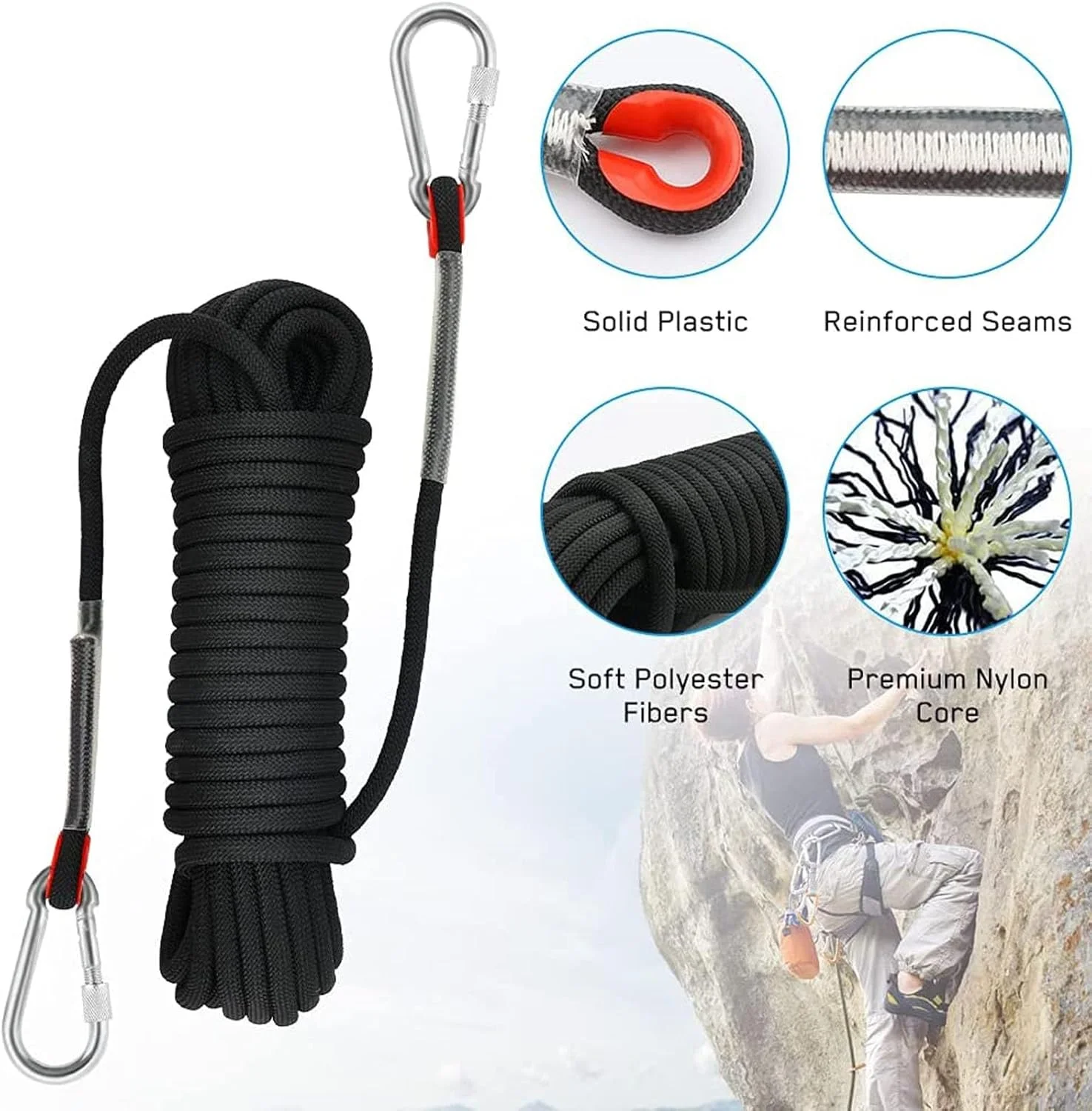 طناب صعود 18 میلی‌متری با مقاومت بالا و 2 قلاب فولادی، 10 تا 200 متر، طناب استاتیک سنگ‌نوردی برای نجات در فضای باز، فرود، صخره‌نوردی، لبه‌ها، تجهیزات تسمه بکسل ایمنی