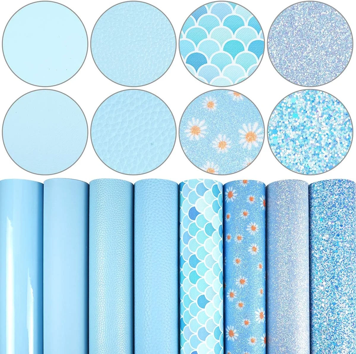 8 تکه چرم مصنوعی 20x30 سانتی متر طرح گل بابونه آبی روشن، اکلیلی درشت، متالیک، طرح پوست لیچی، ورنی، پولک ماهی برای ساخت پاپیون و گوشواره