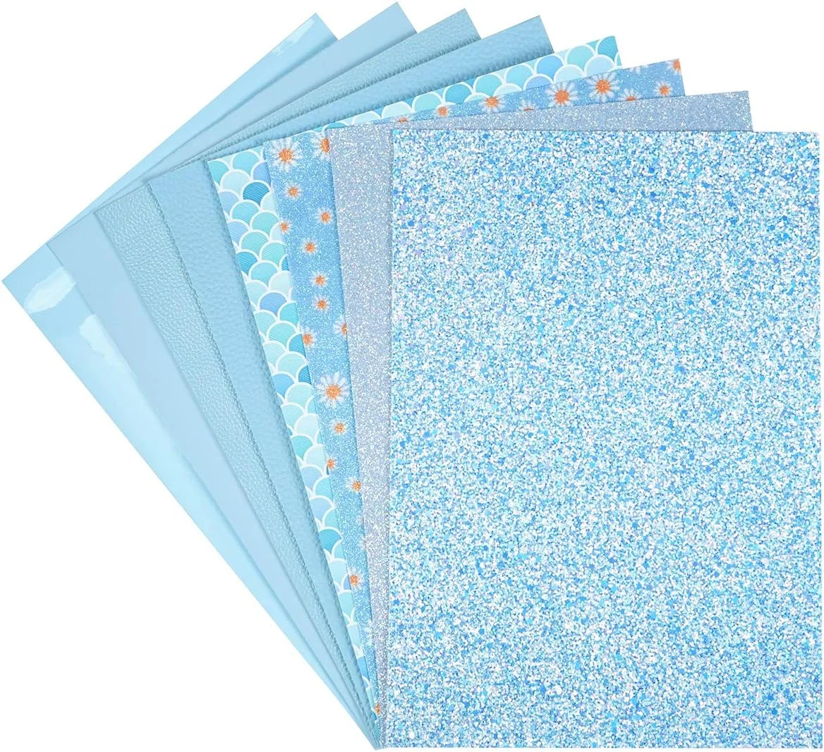 8 تکه چرم مصنوعی 20x30 سانتی متر طرح گل بابونه آبی روشن، اکلیلی درشت، متالیک، طرح پوست لیچی، ورنی، پولک ماهی برای ساخت پاپیون و گوشواره 8 تکه چرم مصنوعی 20x30 سانتی متر طرح گل بابونه آبی روشن، اکلیلی درشت، متالیک، طرح پوست لیچی، ورنی، پولک ماهی برای ساخت پاپیون و گوشواره
