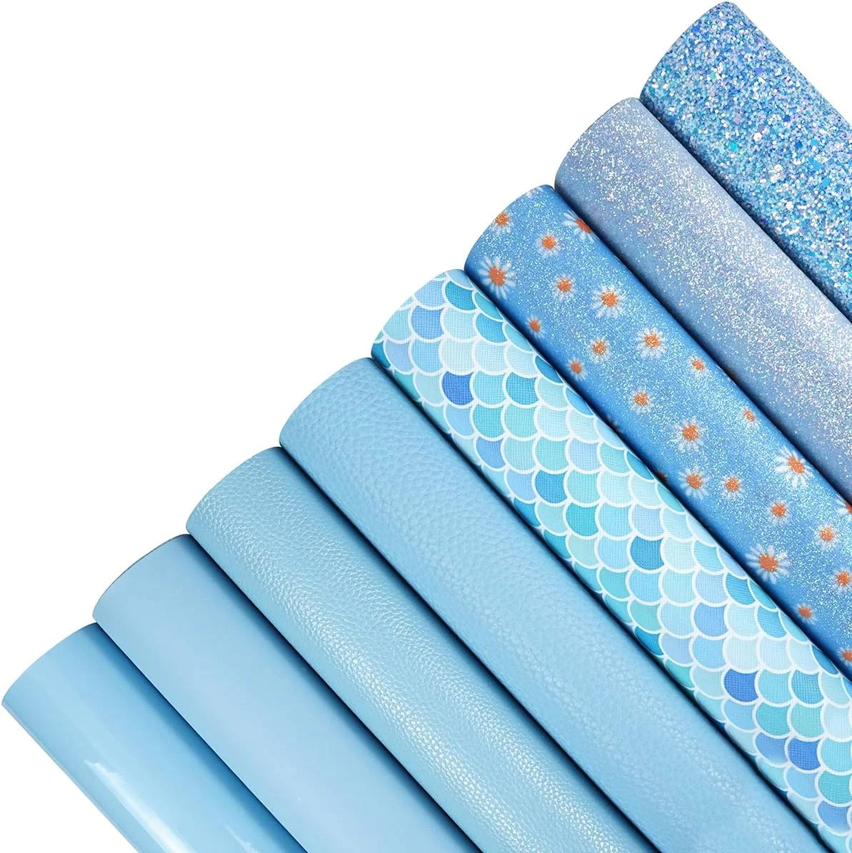 8 تکه چرم مصنوعی 20x30 سانتی متر طرح گل بابونه آبی روشن، اکلیلی درشت، متالیک، طرح پوست لیچی، ورنی، پولک ماهی برای ساخت پاپیون و گوشواره 8 تکه چرم مصنوعی 20x30 سانتی متر طرح گل بابونه آبی روشن، اکلیلی درشت، متالیک، طرح پوست لیچی، ورنی، پولک ماهی برای ساخت پاپیون و گوشواره