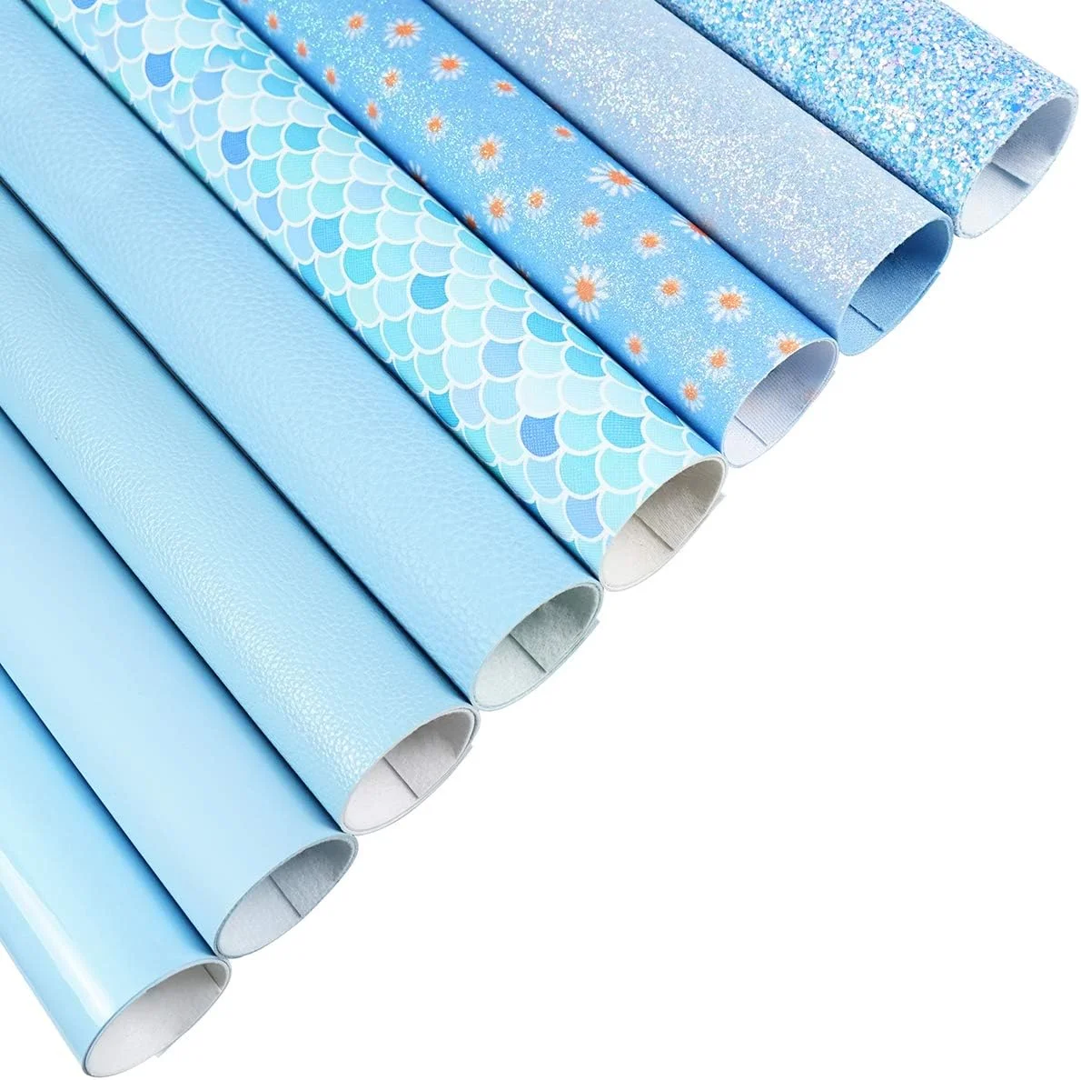 8 تکه چرم مصنوعی 20x30 سانتی متر طرح گل بابونه آبی روشن، اکلیلی درشت، متالیک، طرح پوست لیچی، ورنی، پولک ماهی برای ساخت پاپیون و گوشواره 8 تکه چرم مصنوعی 20x30 سانتی متر طرح گل بابونه آبی روشن، اکلیلی درشت، متالیک، طرح پوست لیچی، ورنی، پولک ماهی برای ساخت پاپیون و گوشواره