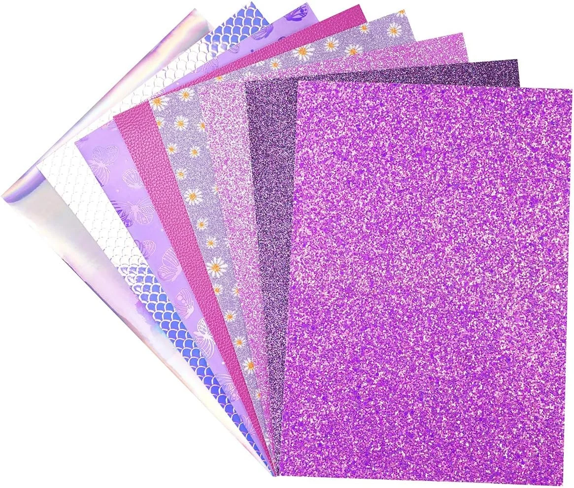 8 تکه ورق چرم مصنوعی 20x30 سانتی‌متر بنفش، اکلیلی درشت، متالیک، طرح پوست لیچی، پروانه‌ای، هولوگرافیک، پولک ماهی پری دریایی برای ساخت پاپیون و گوشواره