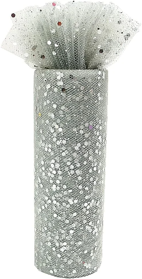 Yuanchuan Laser Sequin Glitter Tulle Rolls 6 inch x 10 Yards (30 feet) Silver for Table Runner Chair Sash Bow Pet Tutu Skirt Sewing Crafting Fabric Wedding Birthday Ribbon (Silver)