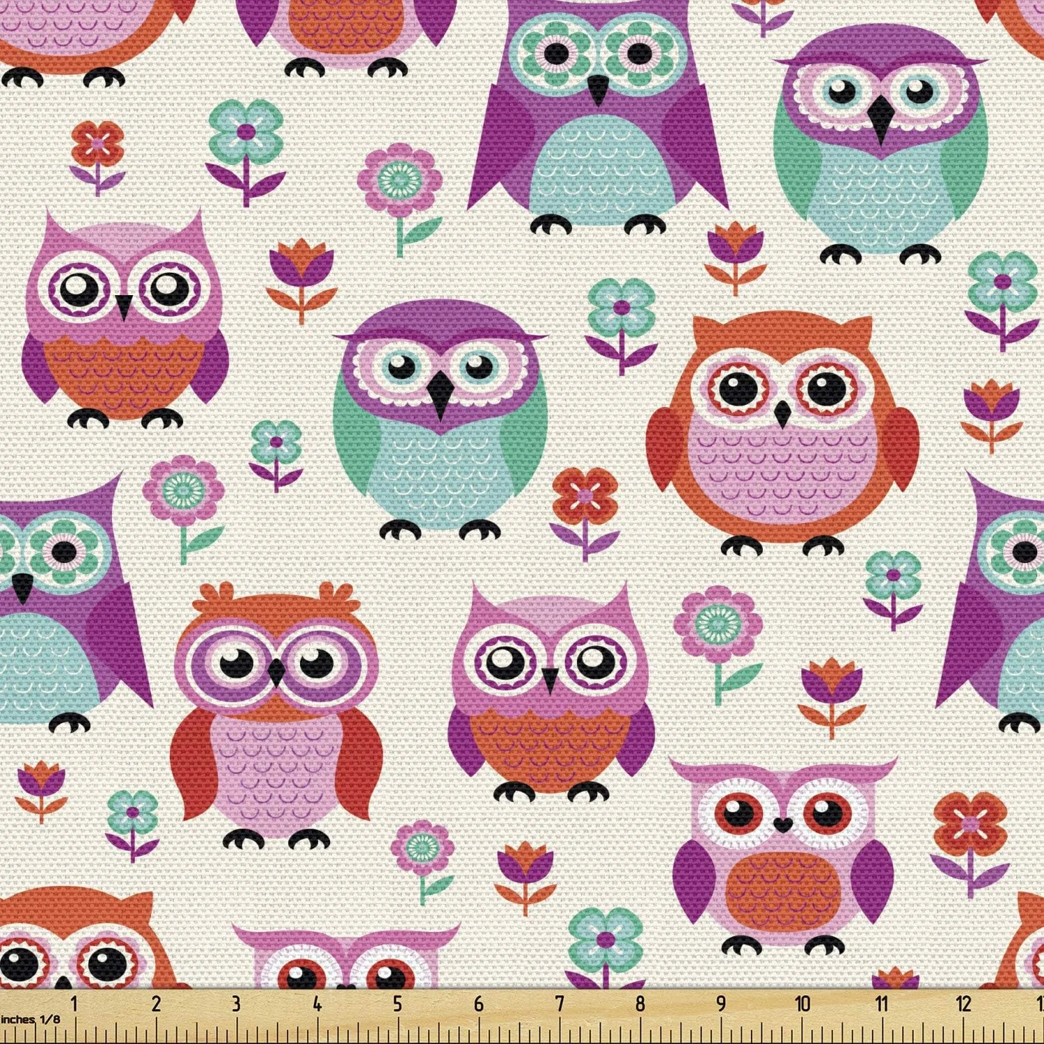 Ambesonne Owls Fabric by The Yard, Owls Happy Childhood Hipster Modern Repeated Animals Pattern Illustration, Decorative Fabric for Upholstery and Home Accents, 1 Yard, Orange Fuchsia Seafoam
