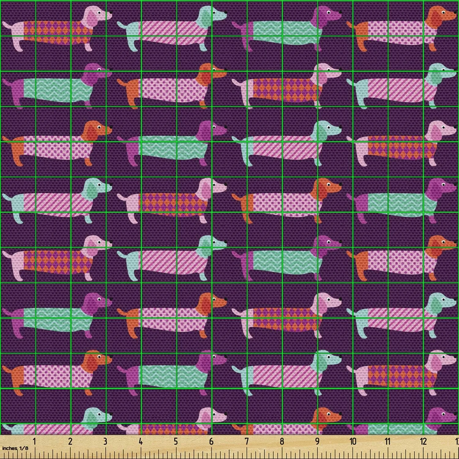 پارچه طرح سگ داشوند Ambesonne، طرح حیوانات بامزه با پالت رنگی الهام گرفته از دهه شصت، پارچه تزئینی برای روکش مبلمان و لوازم منزل، 3 یارد، صورتی بنفش