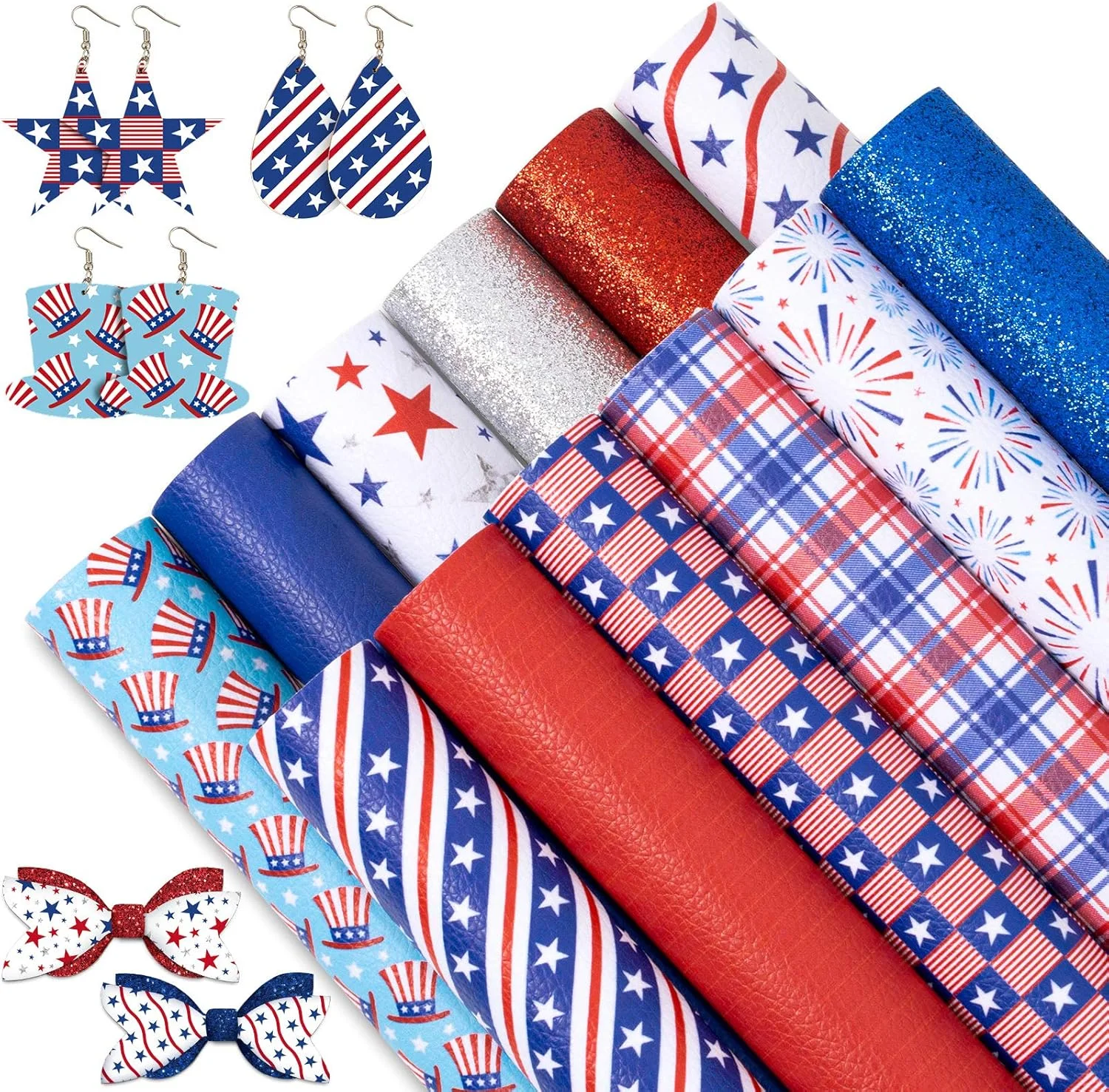 ورقه‌های چرم مصنوعی روز استقلال Whaline، 20x30 سانتی‌متر، طرح‌های میهنی شامل چرم اکلیلی قرمز، آبی، ستاره، راه راه و پرچم آمریکا، مناسب ساخت زیورآلات، گل سر و کارهای دستی، 12 عدد