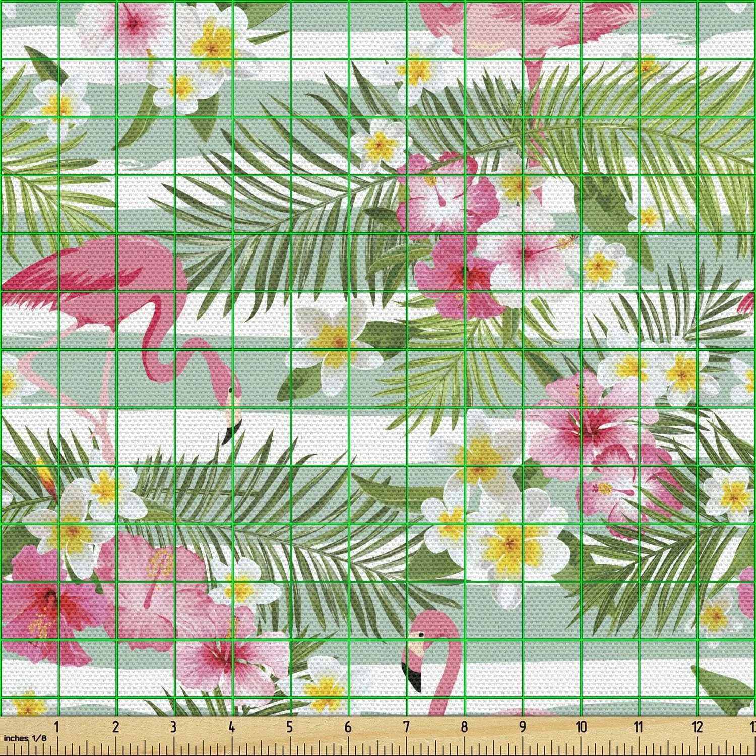 پارچه فلامینگو Ambesonne متری، فلامینگوها با برگ ها و گل های عجیب و غریب هاوایی روی پس زمینه راه راه وینتیج، پارچه تزئینی برای روکش و تزئینات منزل، 2 یارد، سبز صورتی