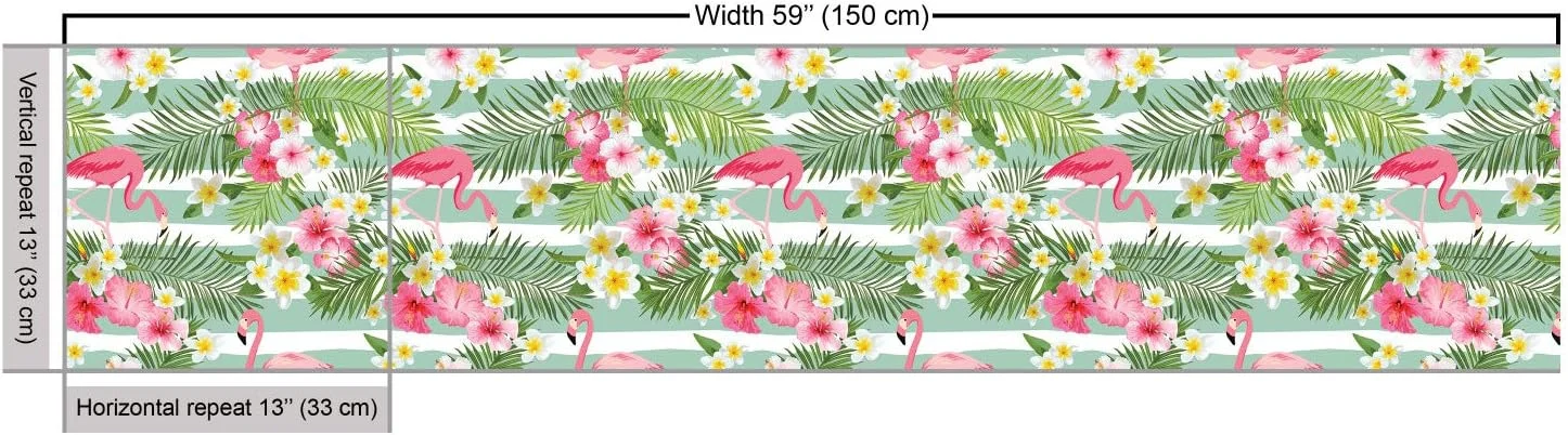 پارچه فلامینگو Ambesonne متری، فلامینگوها با برگ ها و گل های عجیب و غریب هاوایی روی پس زمینه راه راه وینتیج، پارچه تزئینی برای روکش و تزئینات منزل، 2 یارد، سبز صورتی