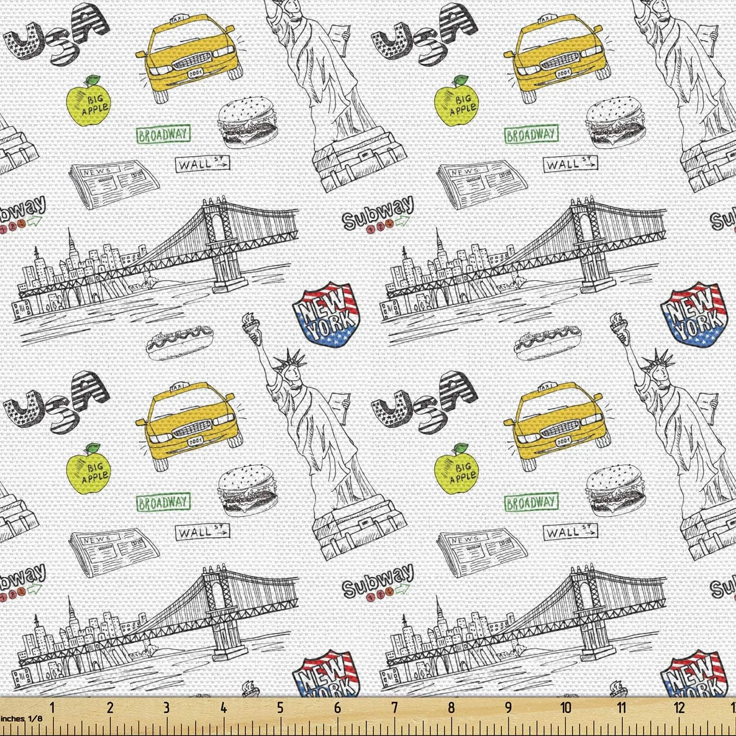 پارچه آمریکایی Lunarable، طرح شهر نیویورک شامل مجسمه آزادی، هات داگ، تاکسی، همبرگر و پل منهتن، پارچه تزئینی برای روکش مبلمان و لوازم منزل، 3 یارد، زرد خاکستری پارچه آمریکایی Lunarable، طرح شهر نیویورک شامل مجسمه آزادی، هات داگ، تاکسی، همبرگر و پل منهتن، پارچه تزئینی برای روکش مبلمان و لوازم منزل، 3 یارد، زرد خاکستری