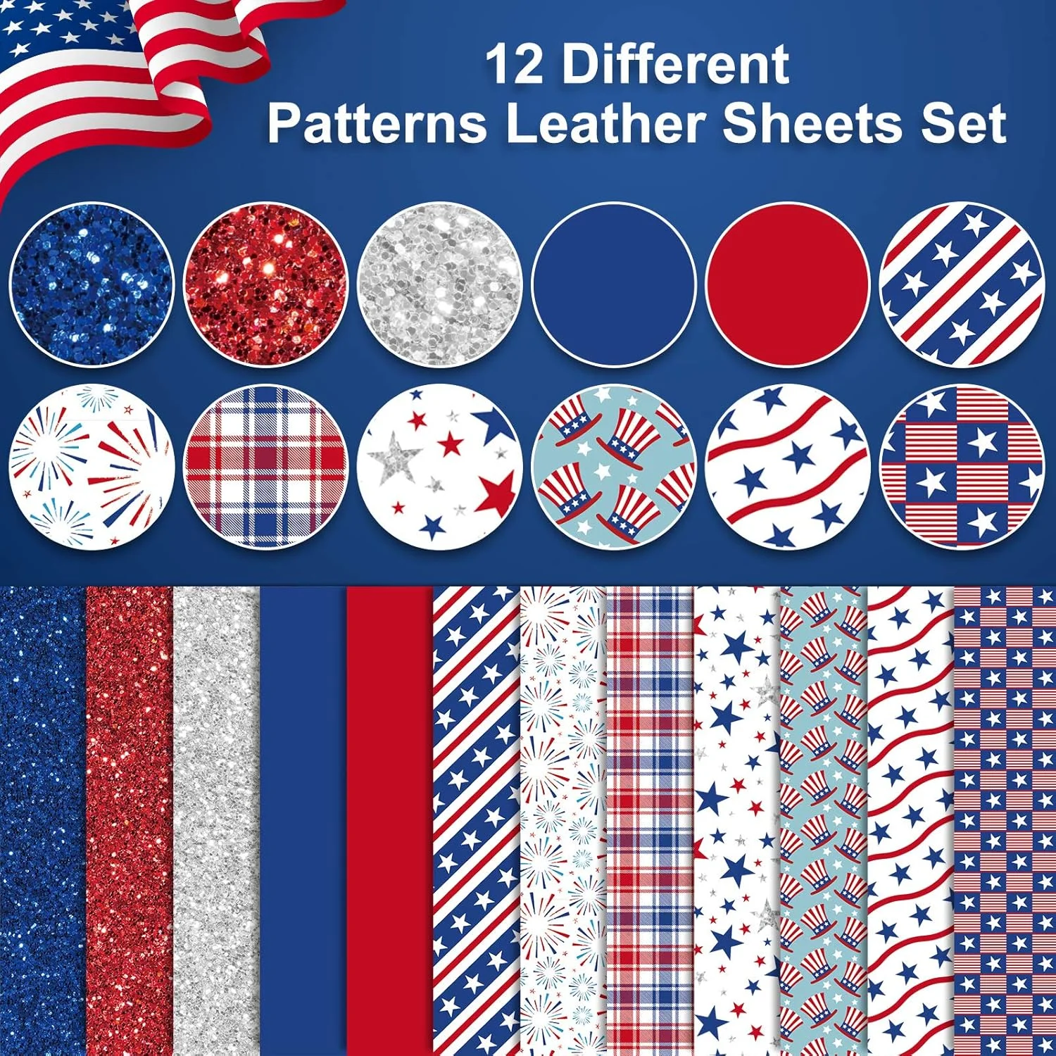 ورقه‌های چرم مصنوعی روز استقلال Whaline، 20x30 سانتی‌متر، طرح‌های میهنی شامل چرم اکلیلی قرمز، آبی، ستاره، راه راه و پرچم آمریکا، مناسب ساخت زیورآلات، گل سر و کارهای دستی، 12 عدد