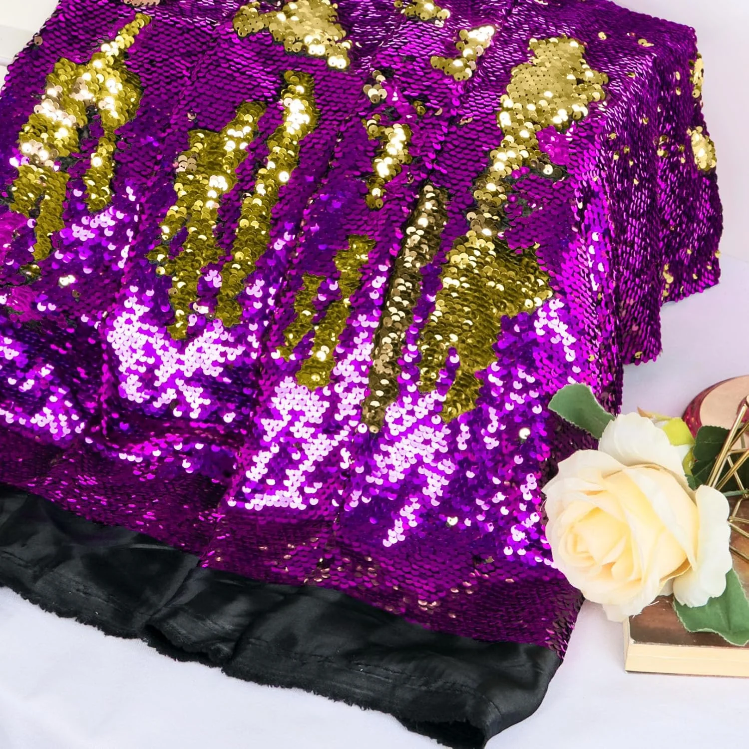 پارچه پولکی دو رو DUOBAO متری، بنفش به طلایی، تغییر رنگ، پولک های پری دریایی، پارچه اکلیلی برای پس زمینه مکعبی DIY، رومیزی، خیاطی