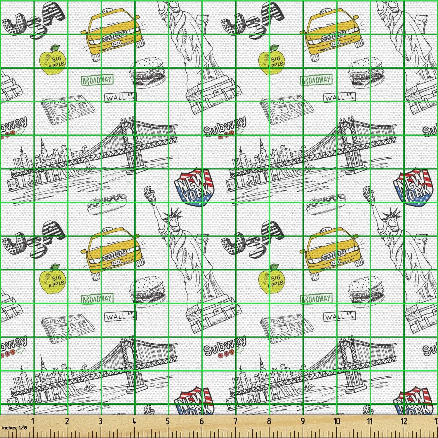 پارچه آمریکایی Lunarable، طرح شهر نیویورک شامل مجسمه آزادی، هات داگ، تاکسی، همبرگر و پل منهتن، پارچه تزئینی برای روکش مبلمان و لوازم منزل، 3 یارد، زرد خاکستری