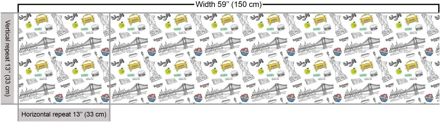 پارچه آمریکایی Lunarable، طرح شهر نیویورک شامل مجسمه آزادی، هات داگ، تاکسی، همبرگر و پل منهتن، پارچه تزئینی برای روکش مبلمان و لوازم منزل، 3 یارد، زرد خاکستری