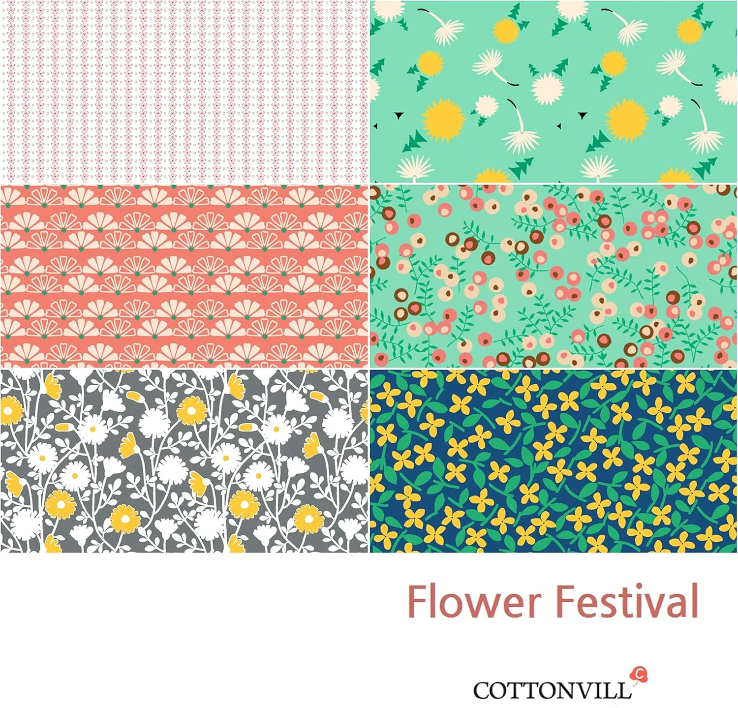 پارچه نخی طرح دار کوتون ویل با تراکم 20، مناسب برای تکه دوزی و سایر پروژه های دوخت و دوز (بسته 6 عددی، طرح جشنواره گل)