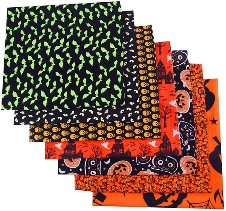 پارچه نخی هالووین 50 × 50 سانتی متر - 8 تکه پارچه نخی هالووین - تکه دوزی پارچه گلدار DIY - بسته های پارچه ای برای لحاف دوزی و خیاطی به سبک هالووین