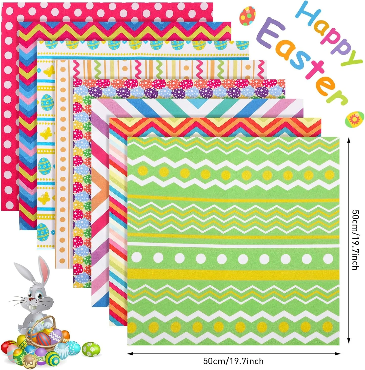 پارچه طرح تخم مرغی عید پاک، 8 تکه، 50x50 سانتی متر، پارچه های مربعی با طرح عید پاک، پارچه چهل تکه دوزی برای لوازم ساخت صنایع دستی DIY عید پاک، 8 طرح