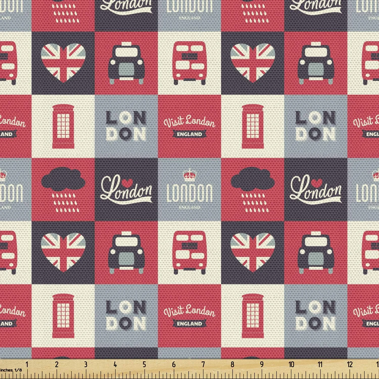 پارچه طرح آمبسونه لندن، طرح سنتی لندن در مربع ها، بریتانیا، سفر به اروپا، پارچه تزئینی برای روکش و لوازم منزل، 3 یارد، قرمز آبی