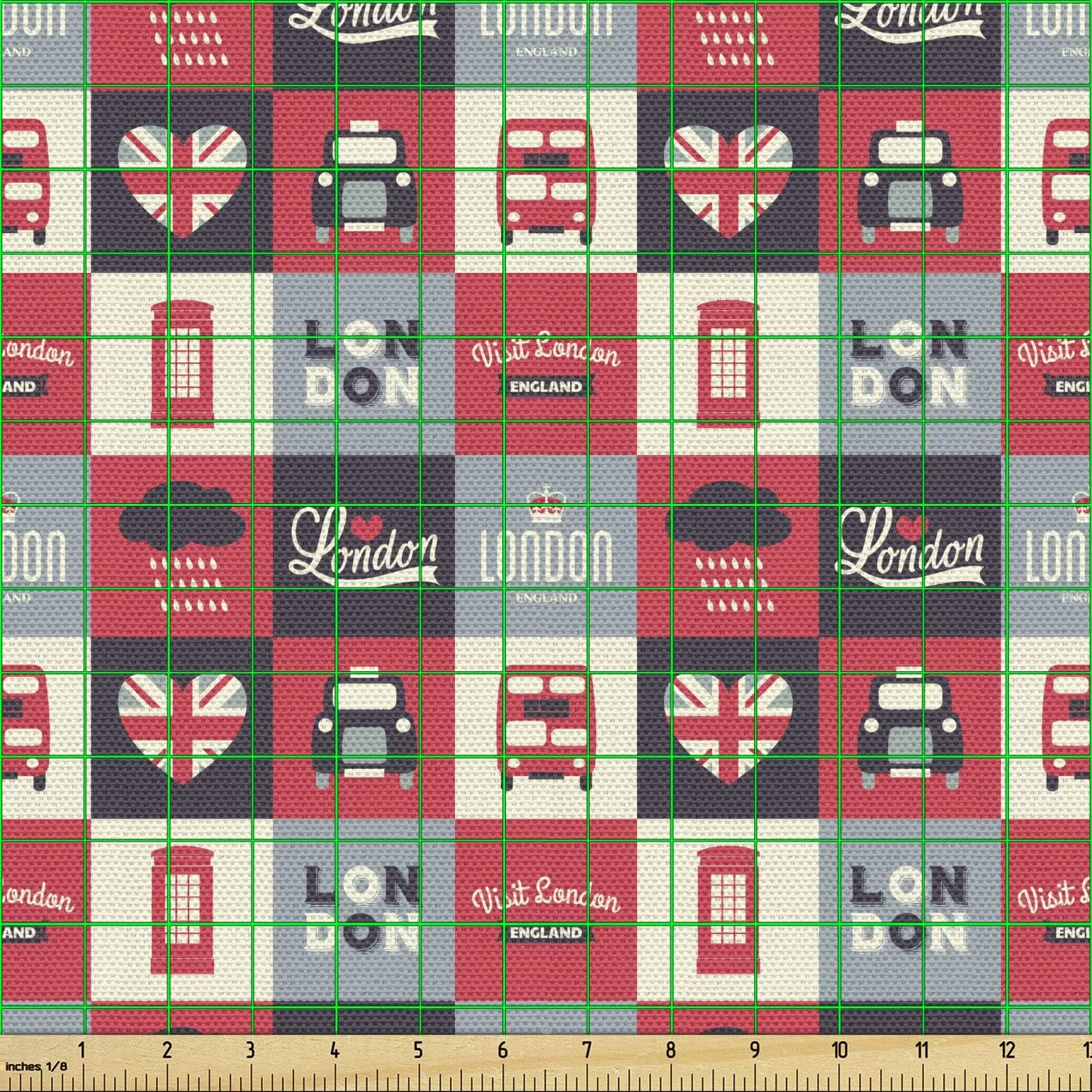 پارچه طرح آمبسونه لندن، طرح سنتی لندن در مربع ها، بریتانیا، سفر به اروپا، پارچه تزئینی برای روکش و لوازم منزل، 3 یارد، قرمز آبی