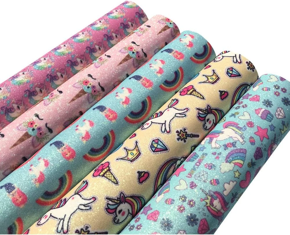 ورقه‌های پارچه چرم مصنوعی DYBEAUTY طرح رنگین کمانی تک شاخ اکلیلی چرم مصنوعی براق برای گوشواره، پاپیون مو و صنایع دستی DIY، 5 عدد (تک شاخ)