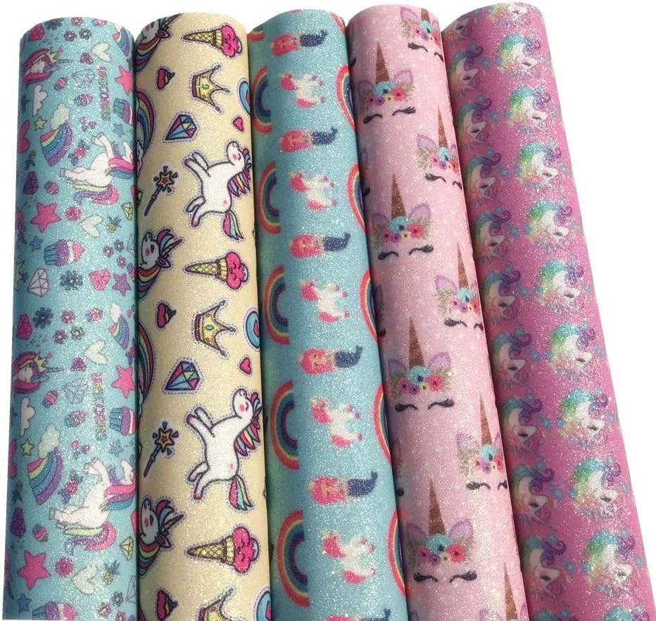 ورقه‌های پارچه چرم مصنوعی DYBEAUTY طرح رنگین کمانی تک شاخ اکلیلی چرم مصنوعی براق برای گوشواره، پاپیون مو و صنایع دستی DIY، 5 عدد (تک شاخ)