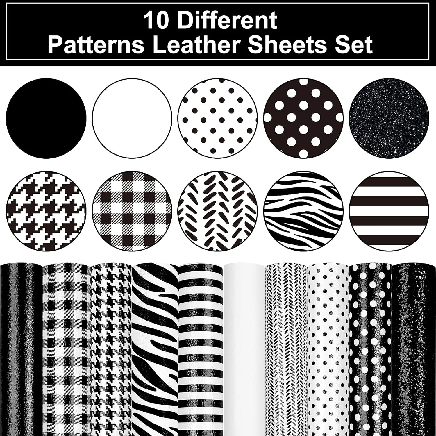 ورق چرم مصنوعی Whaline، 10 عدد، سفید و مشکی، پارچه چرم مصنوعی 20x30 سانتی متر، طرح راه راه، چهارخانه، چرم مصنوعی اکلیلی برای ساخت گوشواره و پاپیون مو
