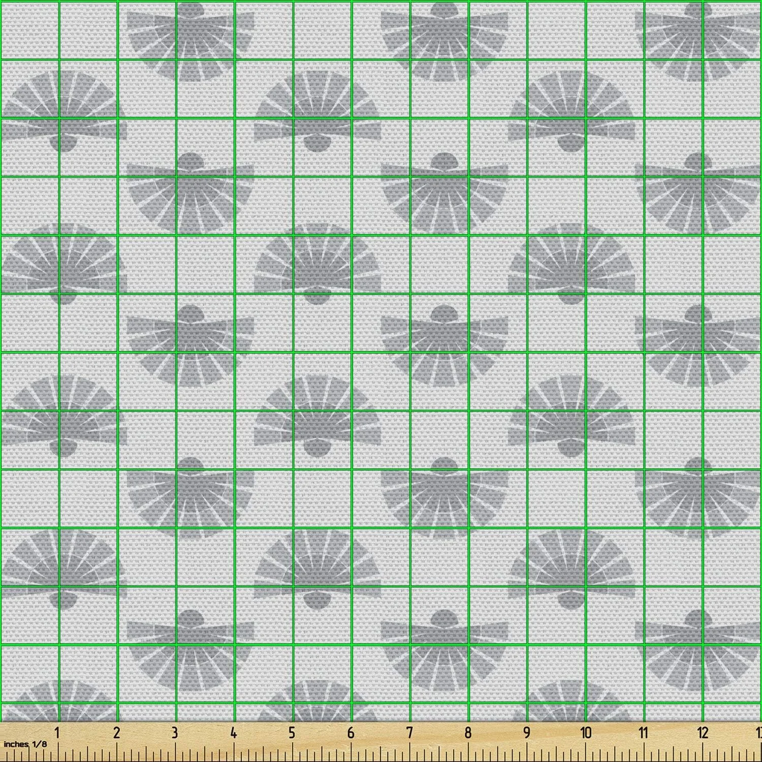 پارچه طرح دار هندسی Ambesonne، طرح بادبزن سنتی ژاپنی در تصویر رنگ پریده، هنر انتزاعی تزئینی، پارچه تزئینی برای روکش و لوازم منزل، 1 یارد، بژ خاکستری