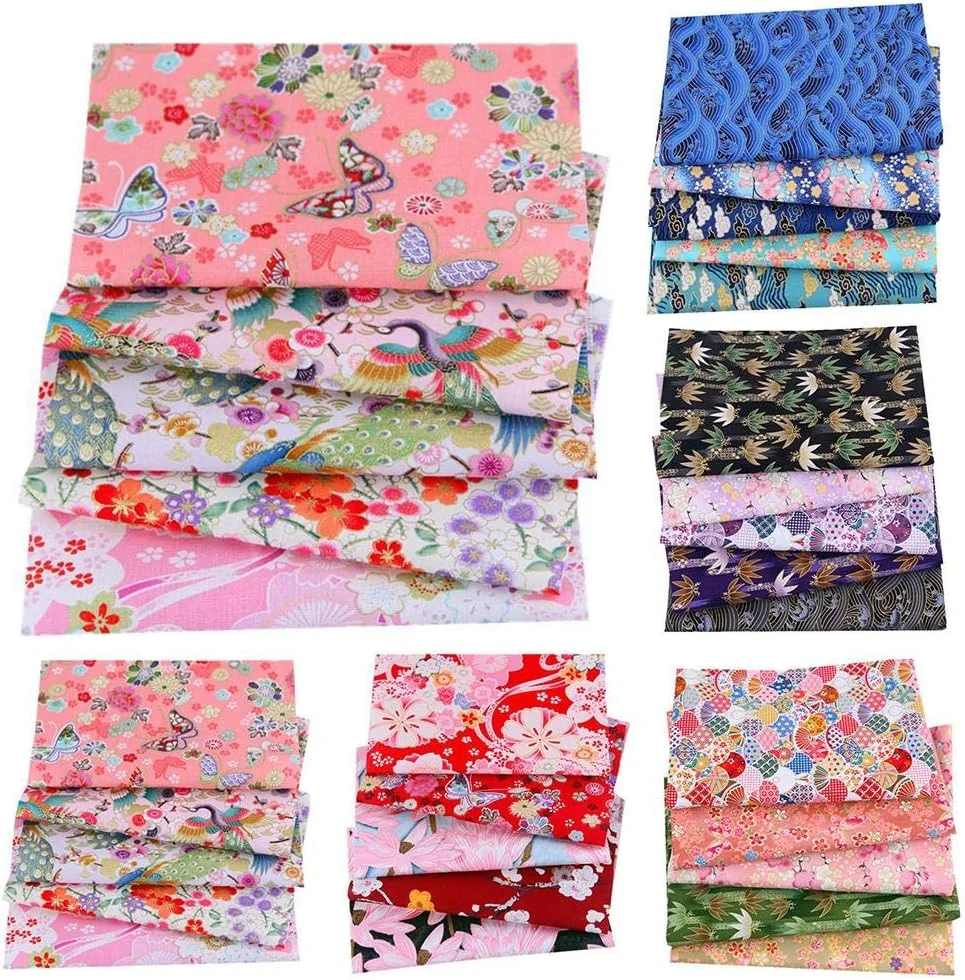 بسته 5 عددی پارچه نخی طرح دار به سبک ژاپنی، مناسب تکه دوزی و خیاطی، ابعاد 20x25 سانتی متر