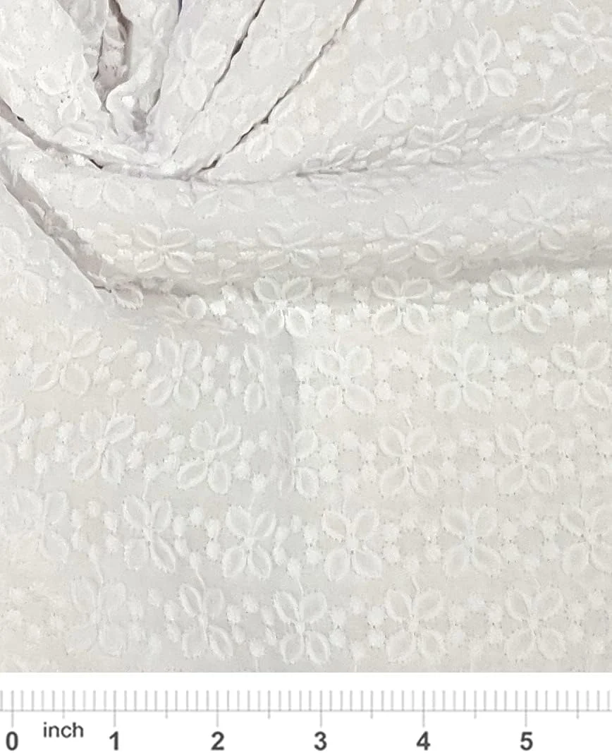 پارچه نخی 100% گلدوزی شده با طرح سوزن دوزی چیکان، 2 یاردی (عرض 107 سانتیمتر، سفید - 2 یارد)