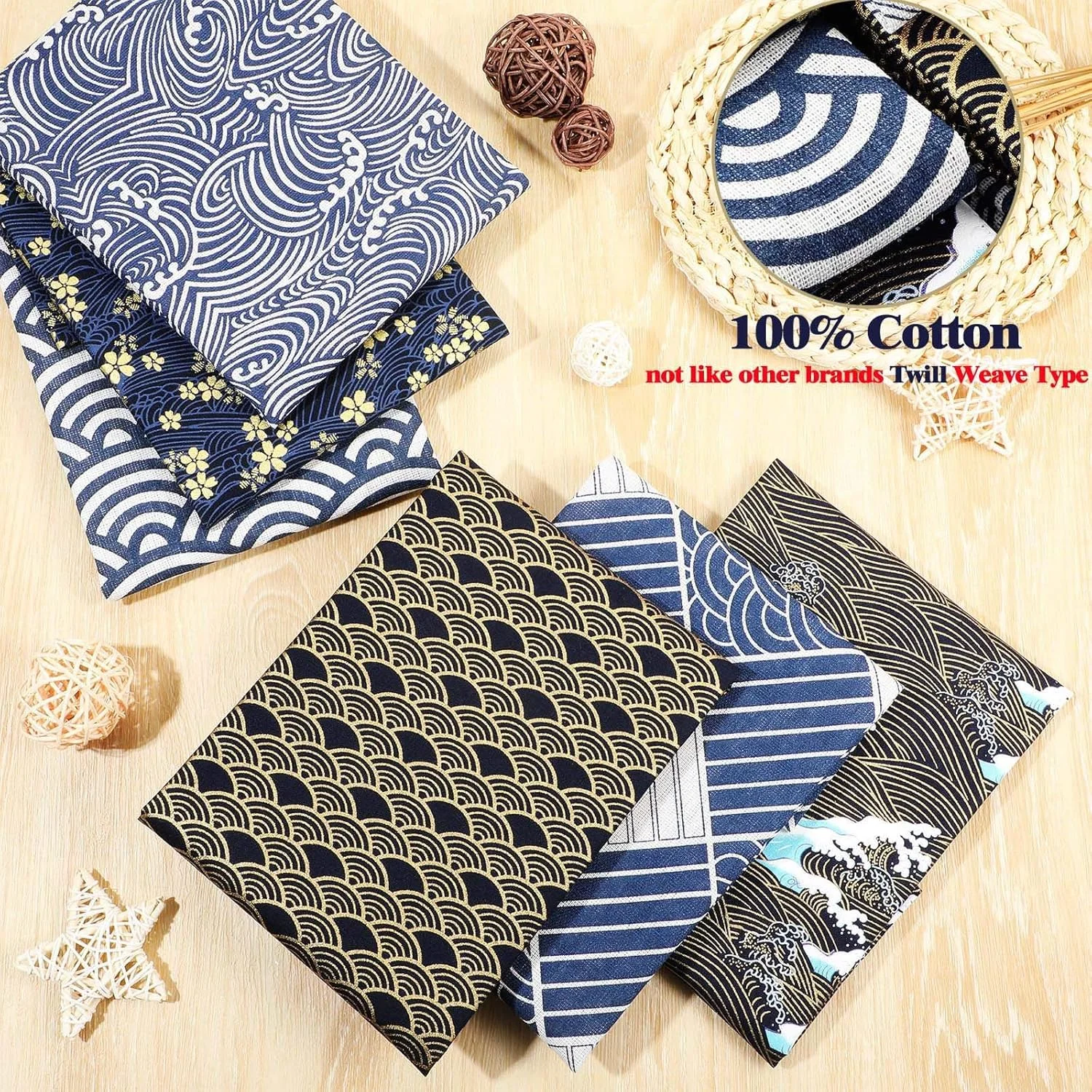 تاتوئو 6 تکه پارچه های چاق ژاپنی برای لحاف دوزی، بسته های پارچه ای 50x40 سانتی متر، پارچه های چاق موج دریای ژاپنی، پارچه خیاطی لحاف دوزی برای پروژه های صنایع دستی محافظ صورت