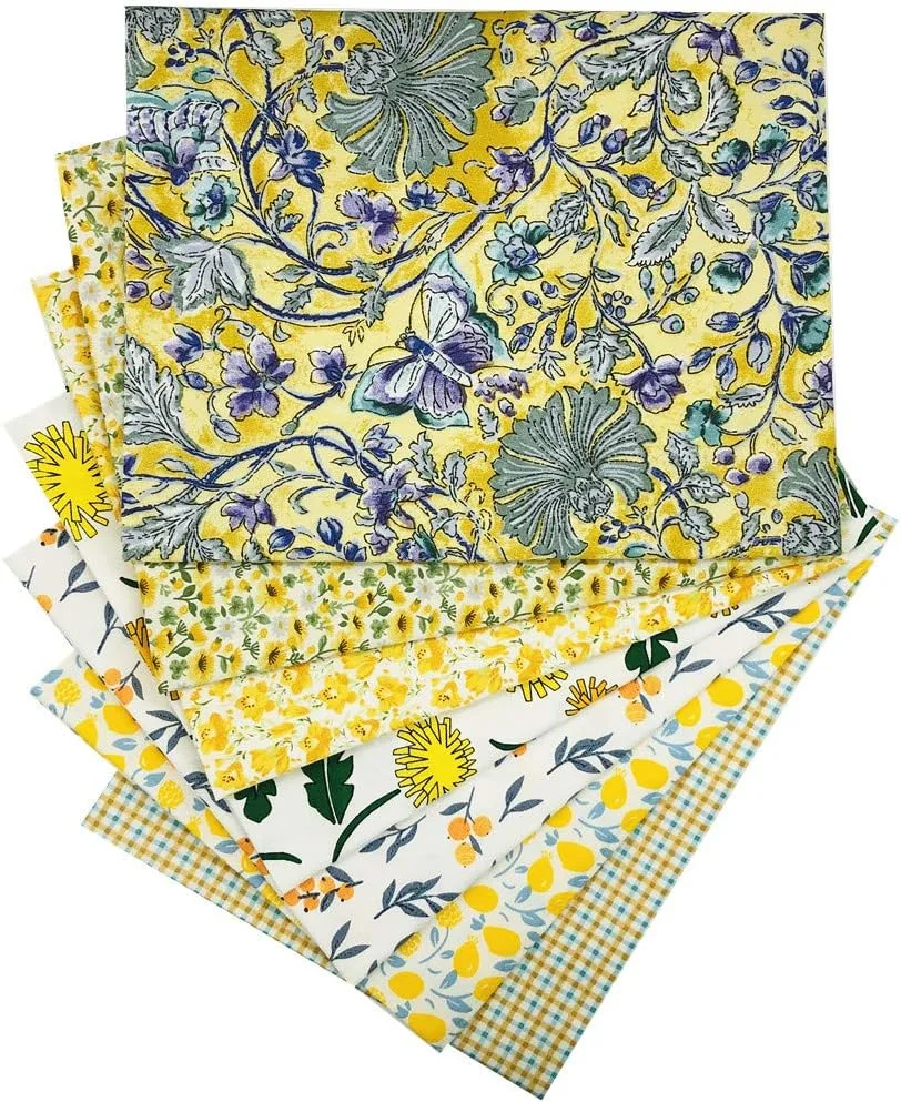 بسته پارچه های تکه دوزی طرح آفتابگردان و میوه لوکوات SZRUIZFZ RUIZHEN، بسته های پارچه نخی زرد، 7 تکه 45x55 سانتی متر