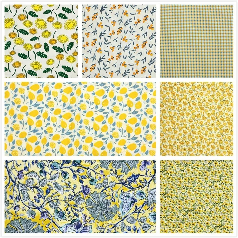 بسته پارچه های تکه دوزی طرح آفتابگردان و میوه لوکوات SZRUIZFZ RUIZHEN، بسته های پارچه نخی زرد، 7 تکه 45x55 سانتی متر