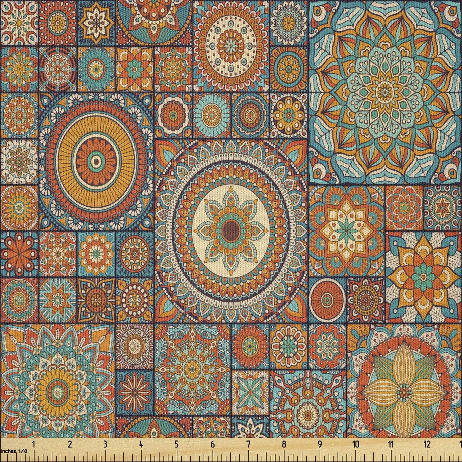 پارچه متری طرح مراکشی آمبسون، موزاییک به سبک شرقی قدیمی با نقوش ماندالا، پارچه میکروفیبر برای هنر، صنایع دستی، نساجی و دکور، 1 یارد، فیروزه ای نارنجی
