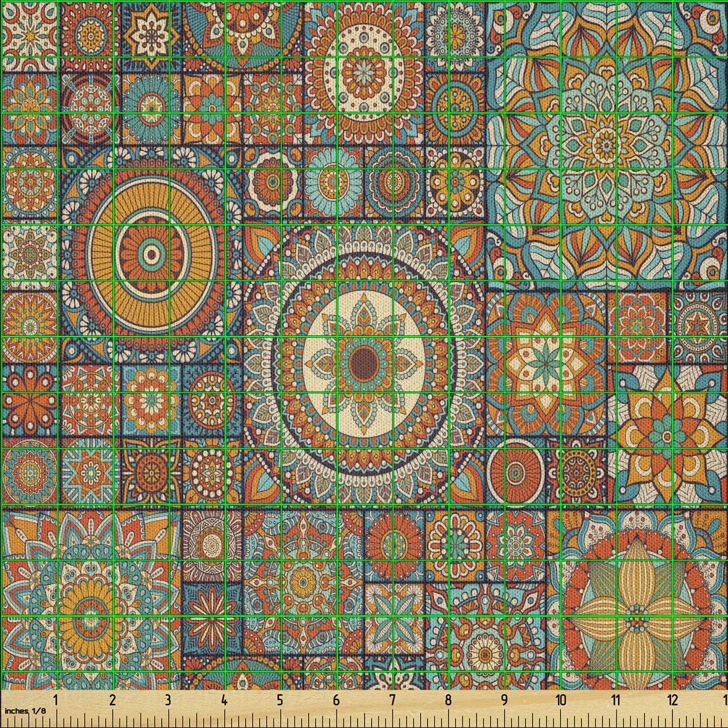 پارچه متری طرح مراکشی آمبسون، موزاییک به سبک شرقی قدیمی با نقوش ماندالا، پارچه میکروفیبر برای هنر، صنایع دستی، نساجی و دکور، 1 یارد، فیروزه ای نارنجی