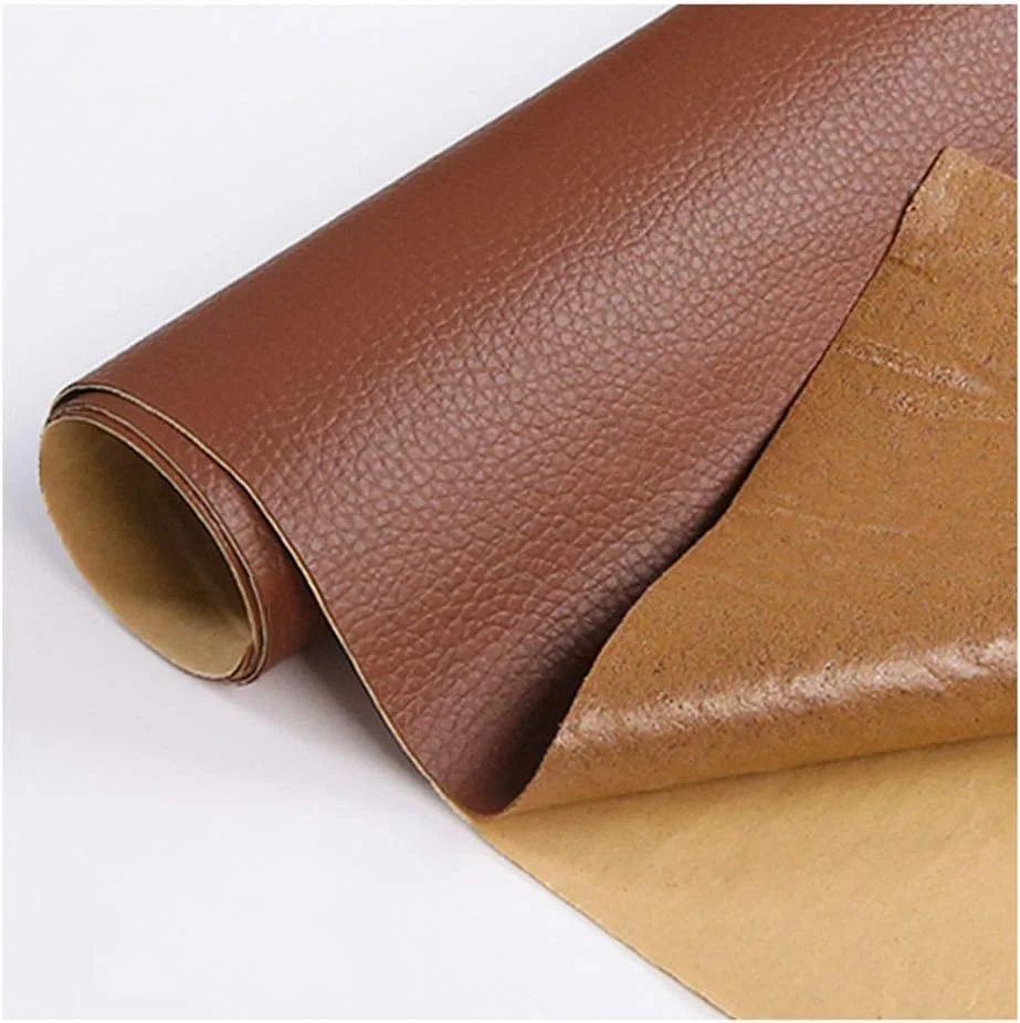 Faux PU Leather Fabric Sheet Litchi Fabric Canvas Back Self-adhesive Leather Fabric Faux Leather Soft Feel Material Leather self-adhesive repair patch for Sewing and Decorations-Brown 4# 1.37x4m