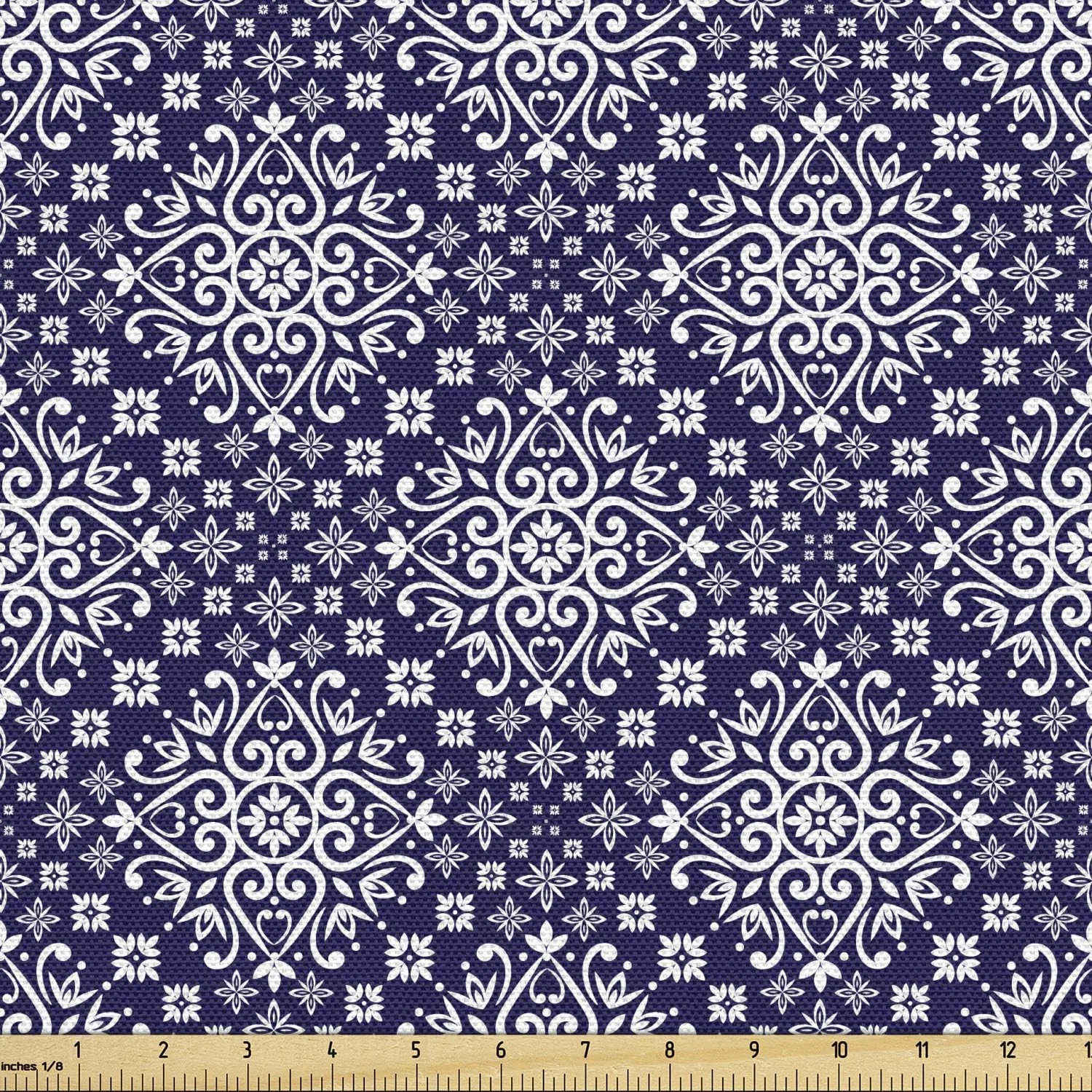 پارچه آبی سلطنتی Lunarable متری، طرح سرامیکی الهام گرفته از خاورمیانه به سبک مراکشی عتیقه، پارچه تزئینی برای روکش مبلمان و لوازم منزل، 3 یارد، سفید نیلی