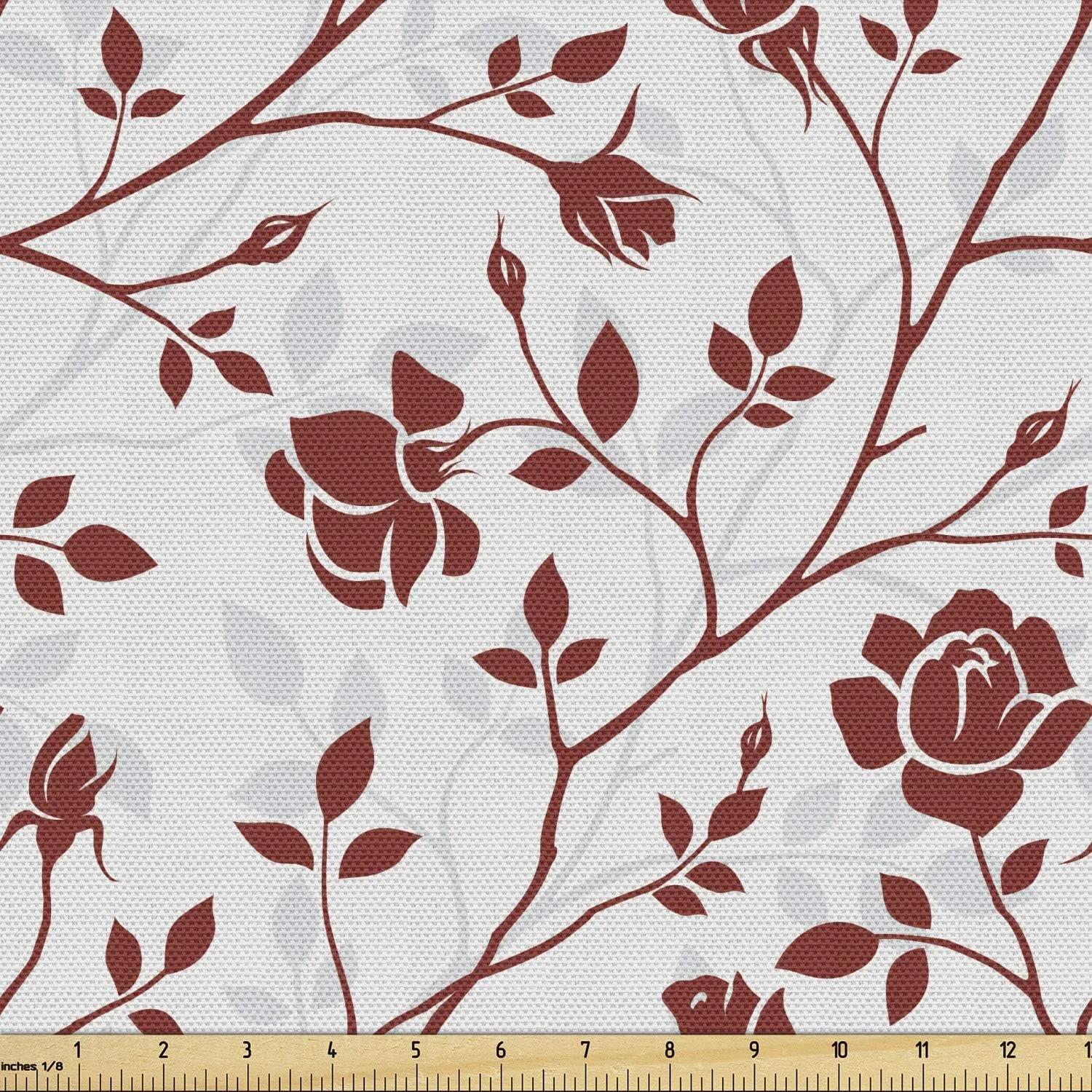 Lunarable Floral Fabric by The Yard, Silhouette of Old Rose Flowers and Branches Design in Retro Dramatic Graphic Print, Decorative Fabric for Upholstery and Home Accents, 2 Yards, Grey Ruby