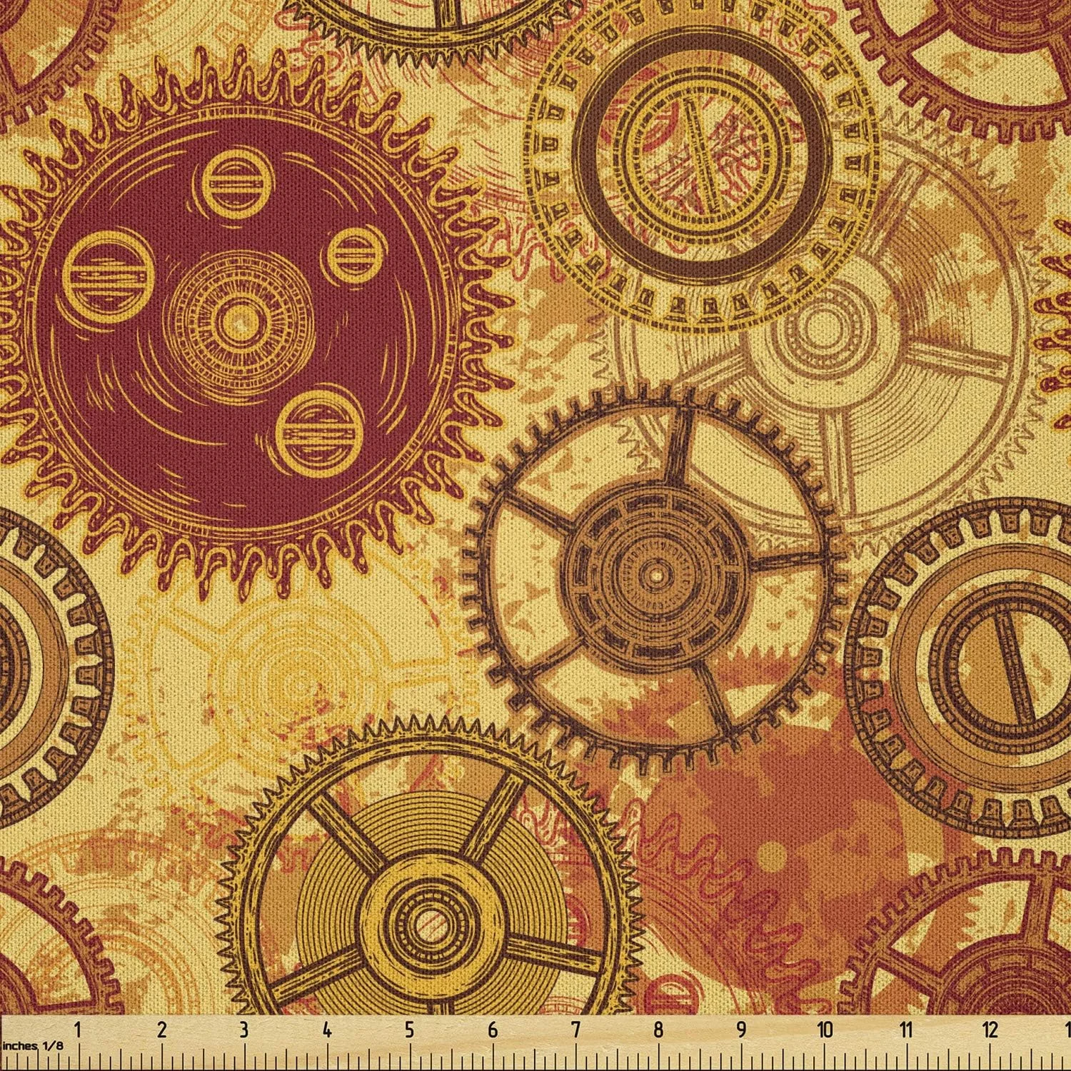 پارچه استیم پانک Ambesonne متری، طرح قدیمی با چرخ دنده های مختلف ساعت روی پس زمینه فرسوده، پارچه میکروفیبر برای هنرها و صنایع دستی، منسوجات و دکور، 3 یارد، زرد بورگوندی