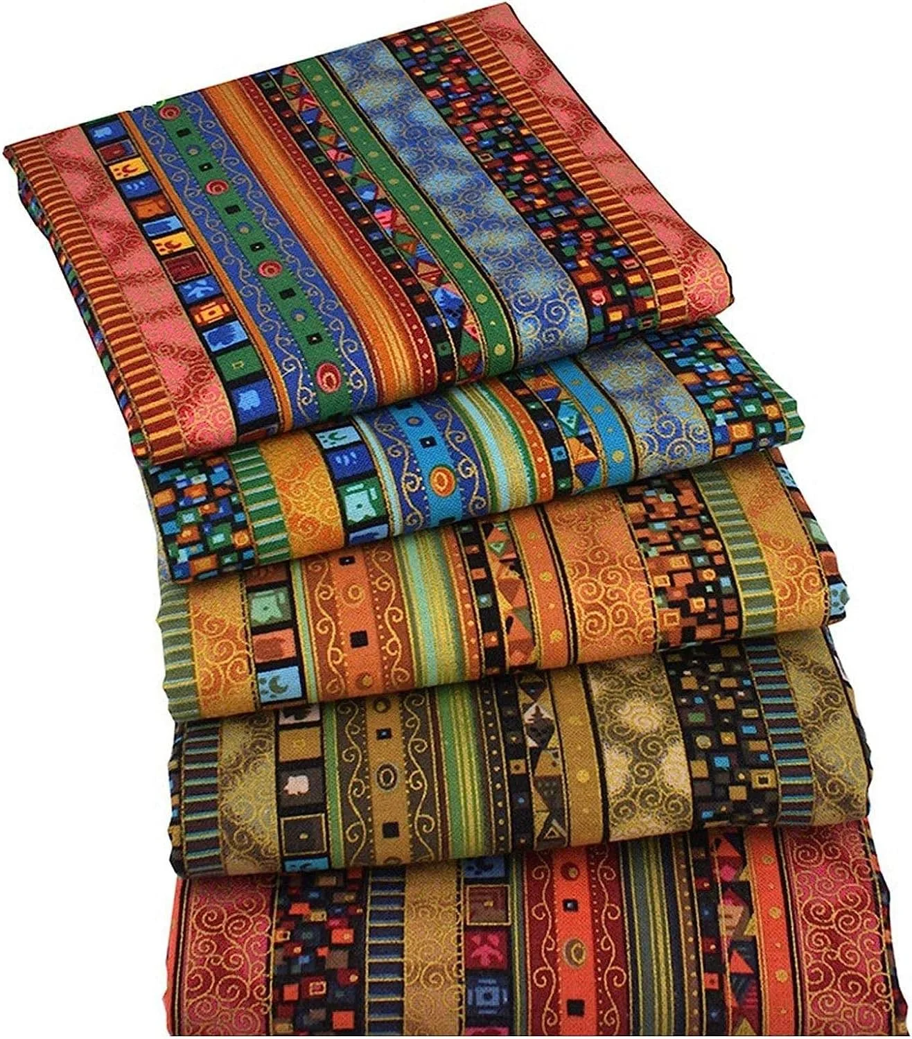 پارچه نخی برنزی راه راه به سبک قومی، 5 تکه پارچه صنایع دستی، بسته های پارچه ای برش خورده برای لحاف دوزی، پارچه برای خیاطی، تکه دوزی، ساخت آلبوم و هنرهای دستی